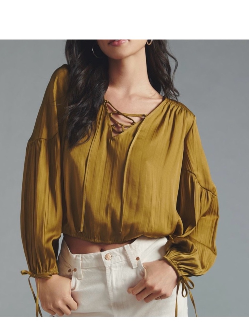 Anthropologie Olive Green Lace-Up Long Sleeve Top NWT MP